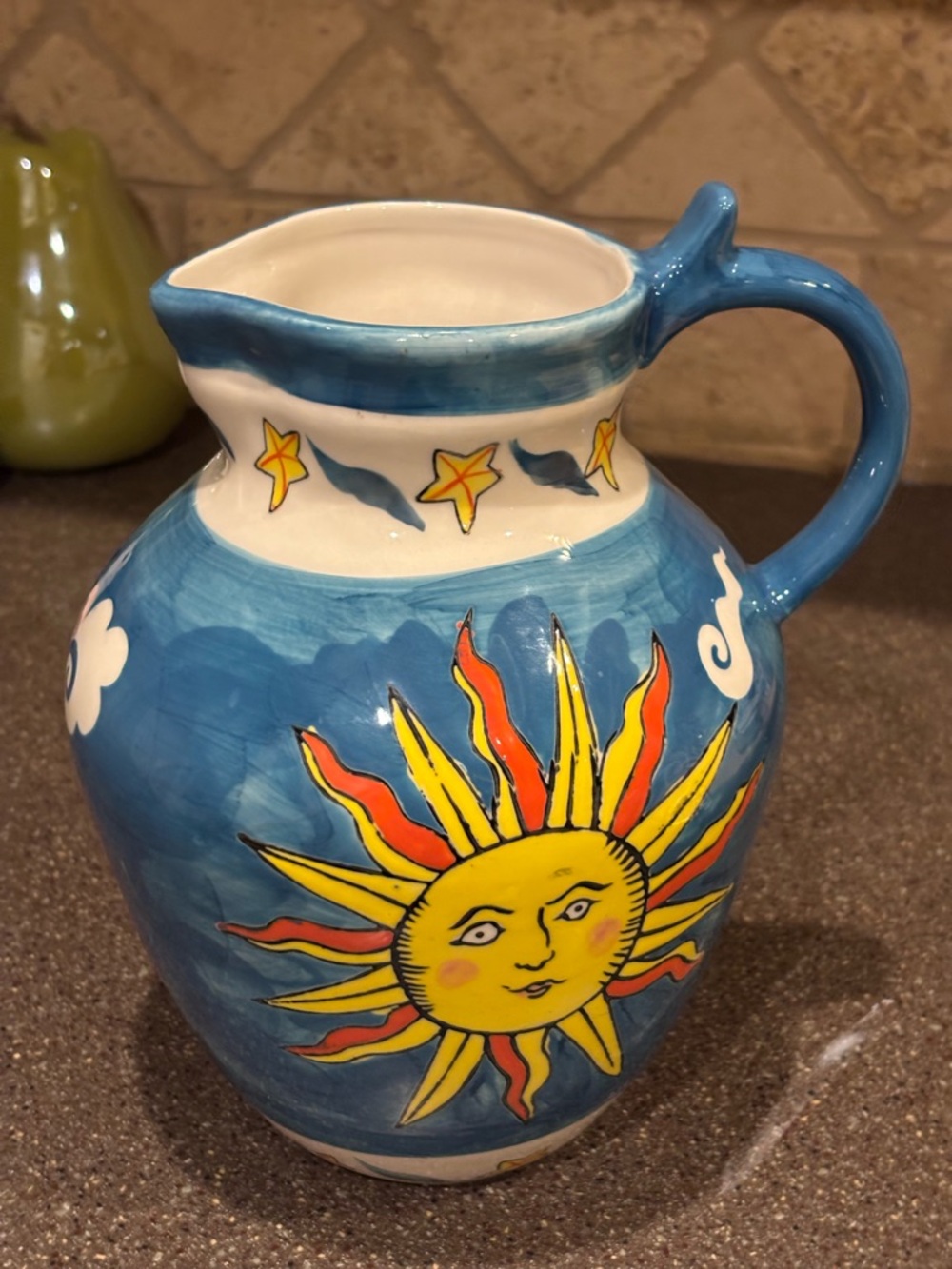 Anthropologie Blue Ceramic Sun-Accent Pitcher